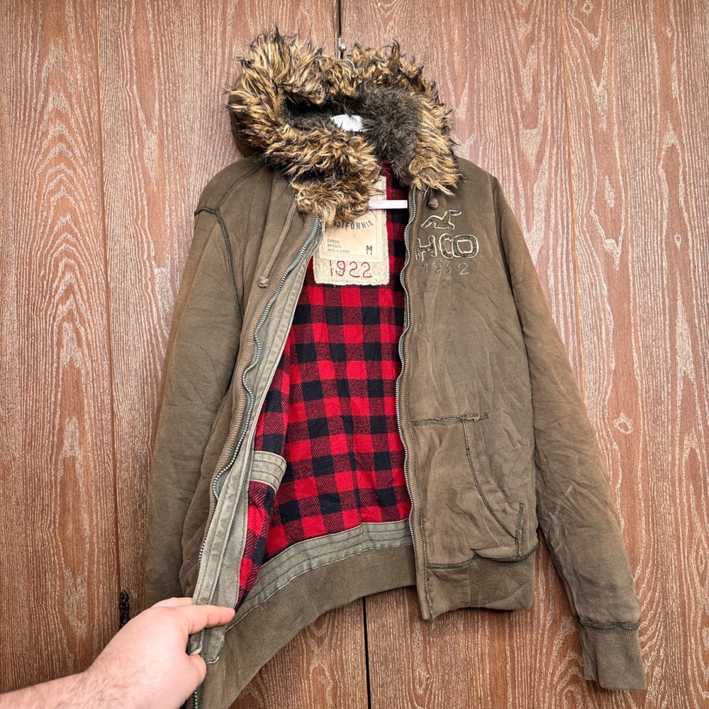 Y2K Hollister California Plaid Lined Jacket Men Med Sage Brown Faux Fur Twilight - Picture 2 of 11